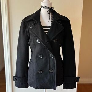 Vintage Y2K Black Wool Peacoat Winter Buckles Double Breasted Twee Preppy Alt S